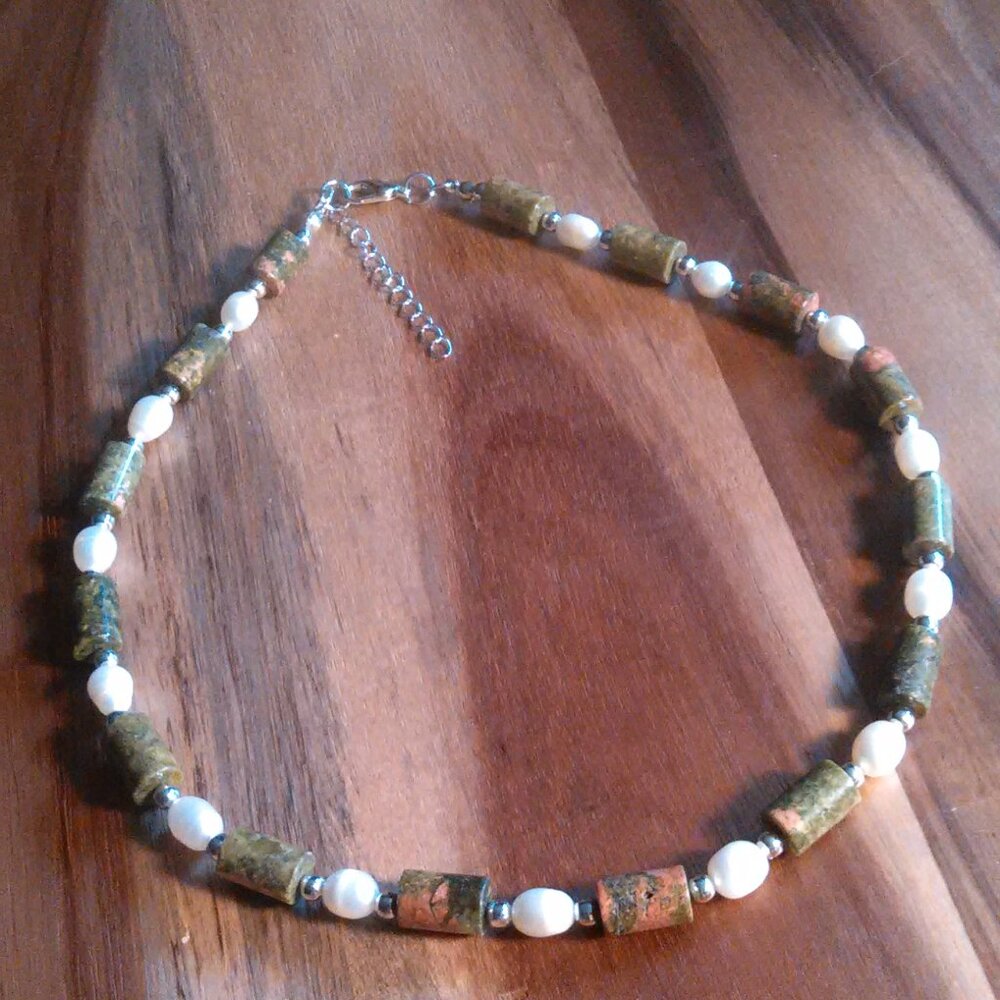 Unakite and Genuine Freshwater Pearl Silvertone Necklace